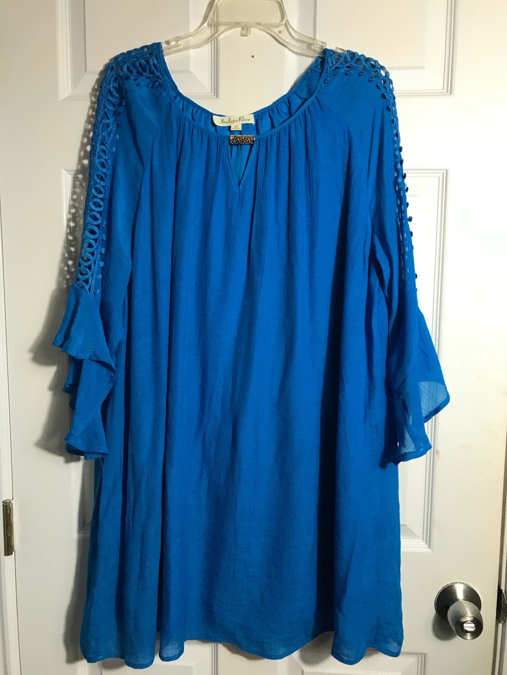 Índigo Rose Blue Floral Lace-Trim Peasant Blouse Tunic 1X - Picture 2 of 6